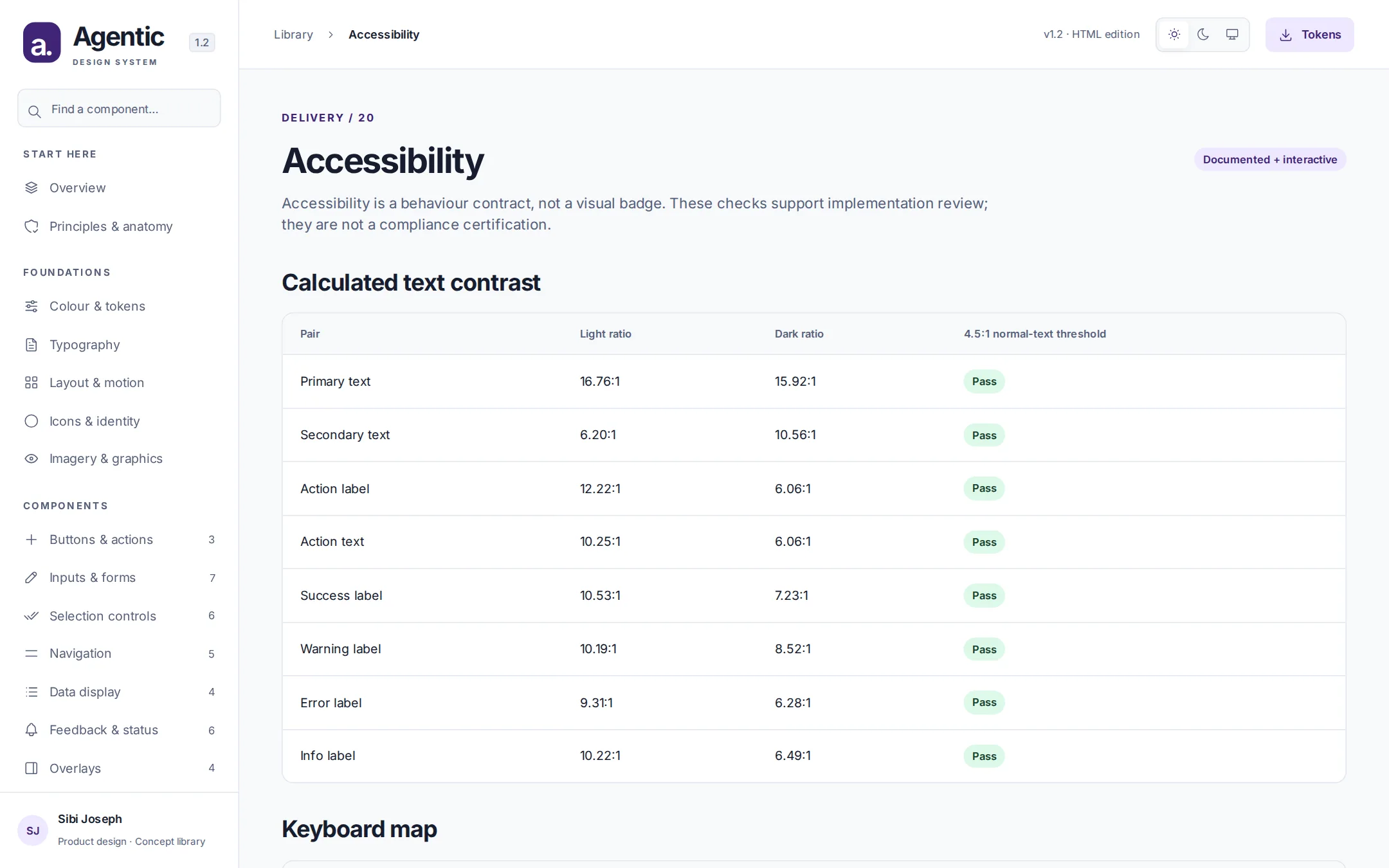 Accessibility page with a calculated text contrast table for light and dark themes