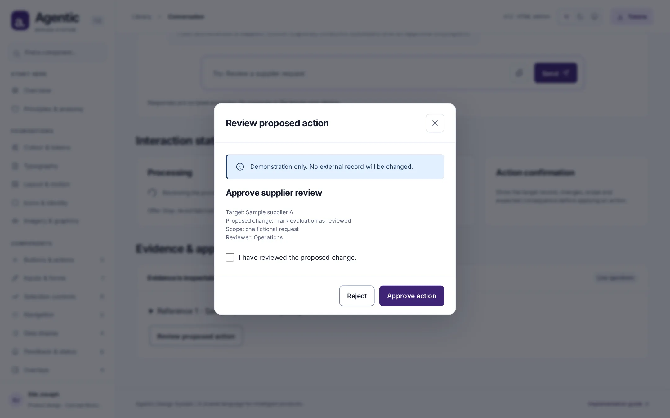 Review proposed action dialog with target, change, scope, reviewer, a confirmation checkbox, and Reject and Approve buttons