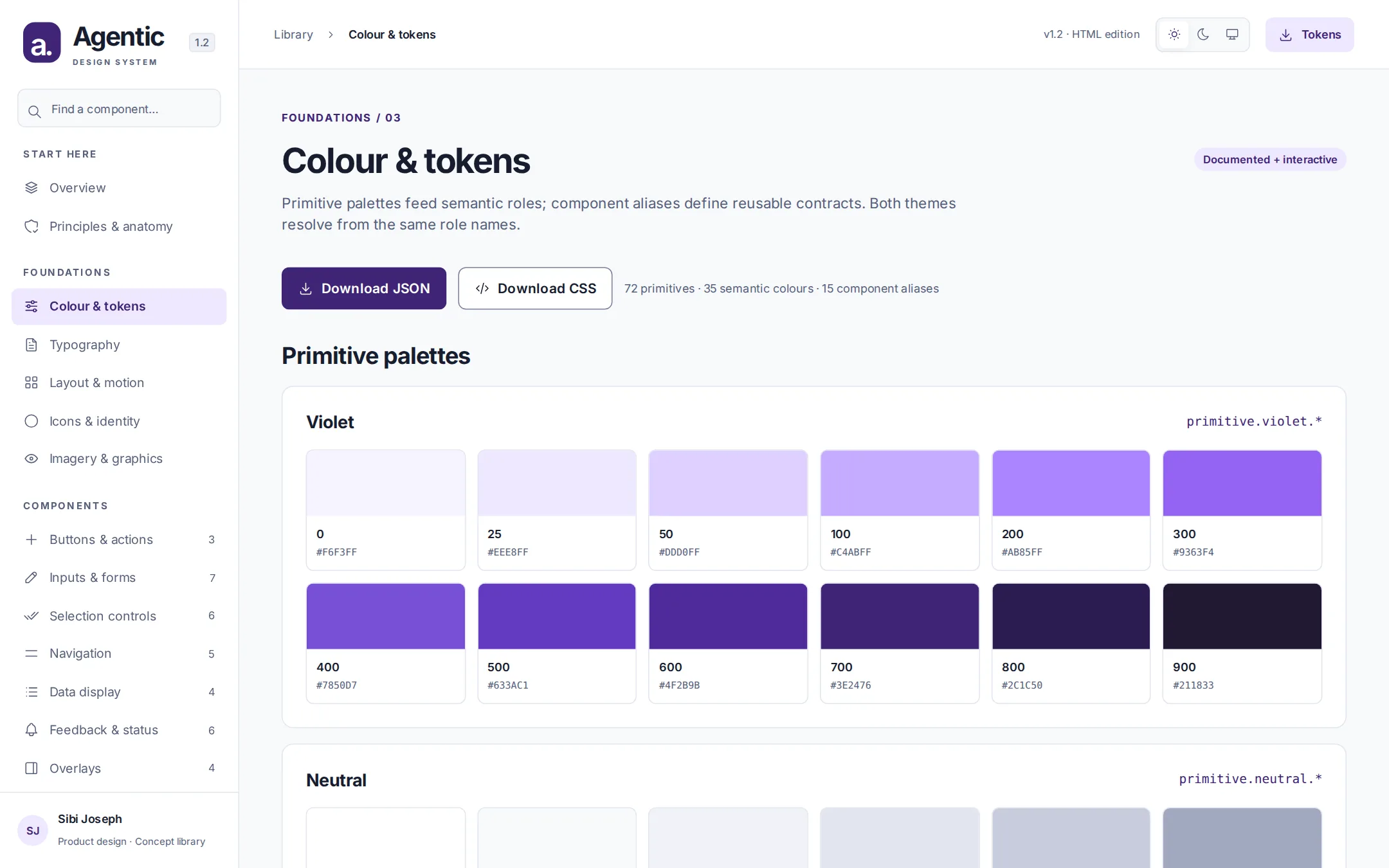 Colour and tokens page showing primitive palettes and token download buttons