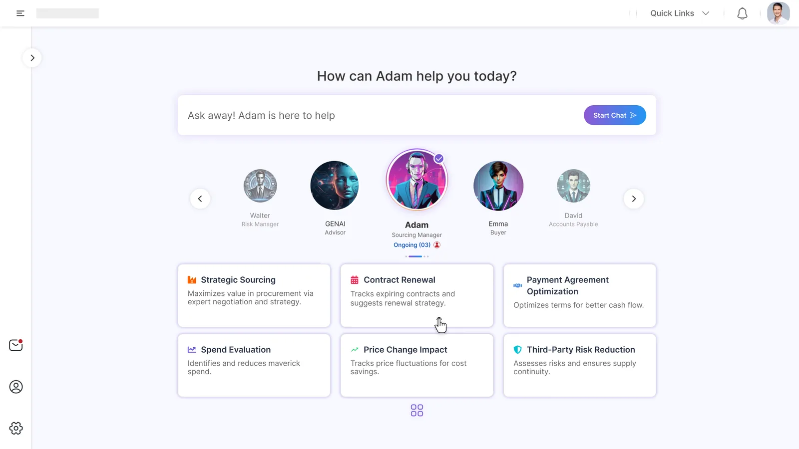 Agent selection screen showing named AI agents with procurement job titles