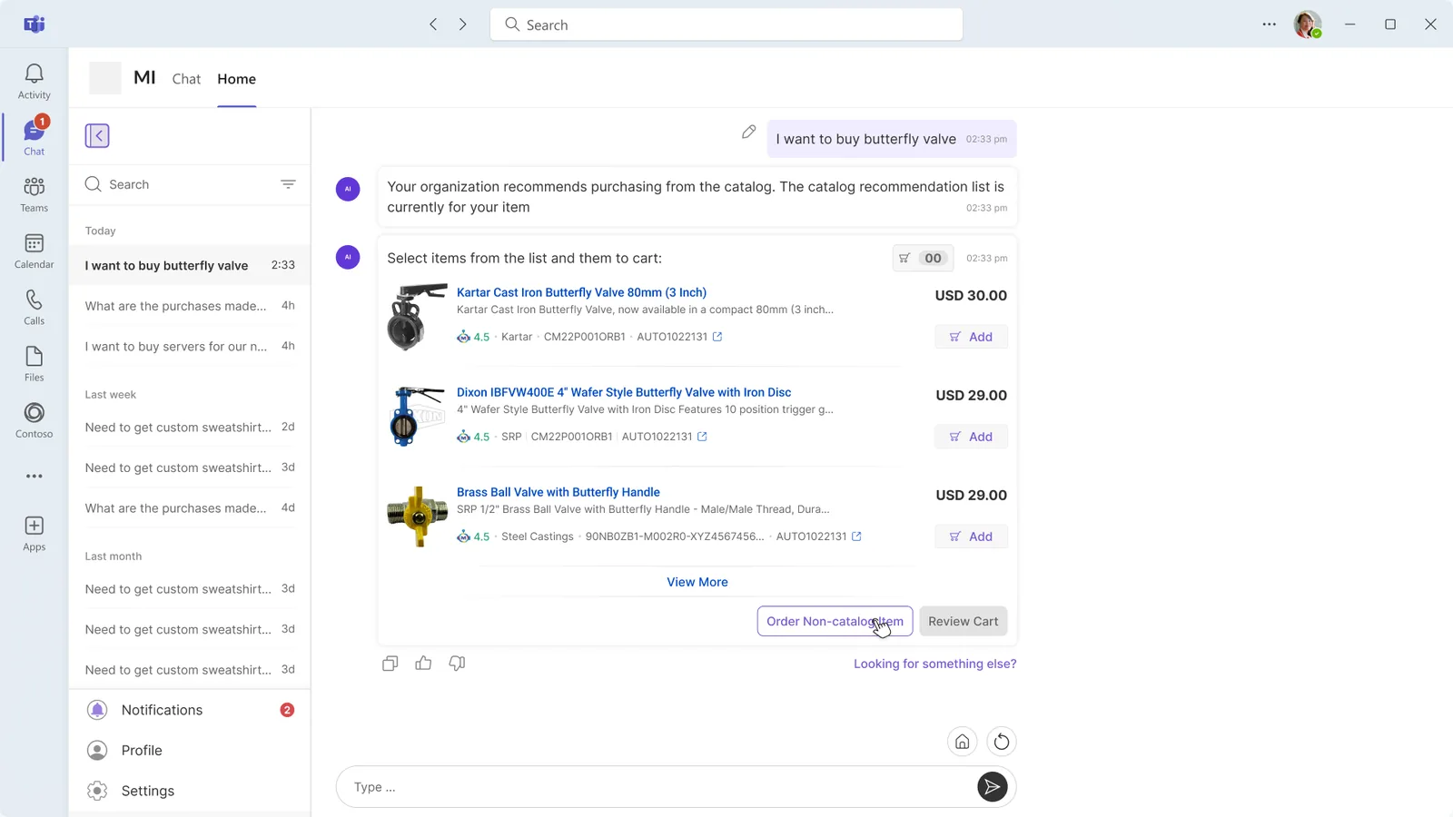 Conversational catalog recommendations inside a chat client