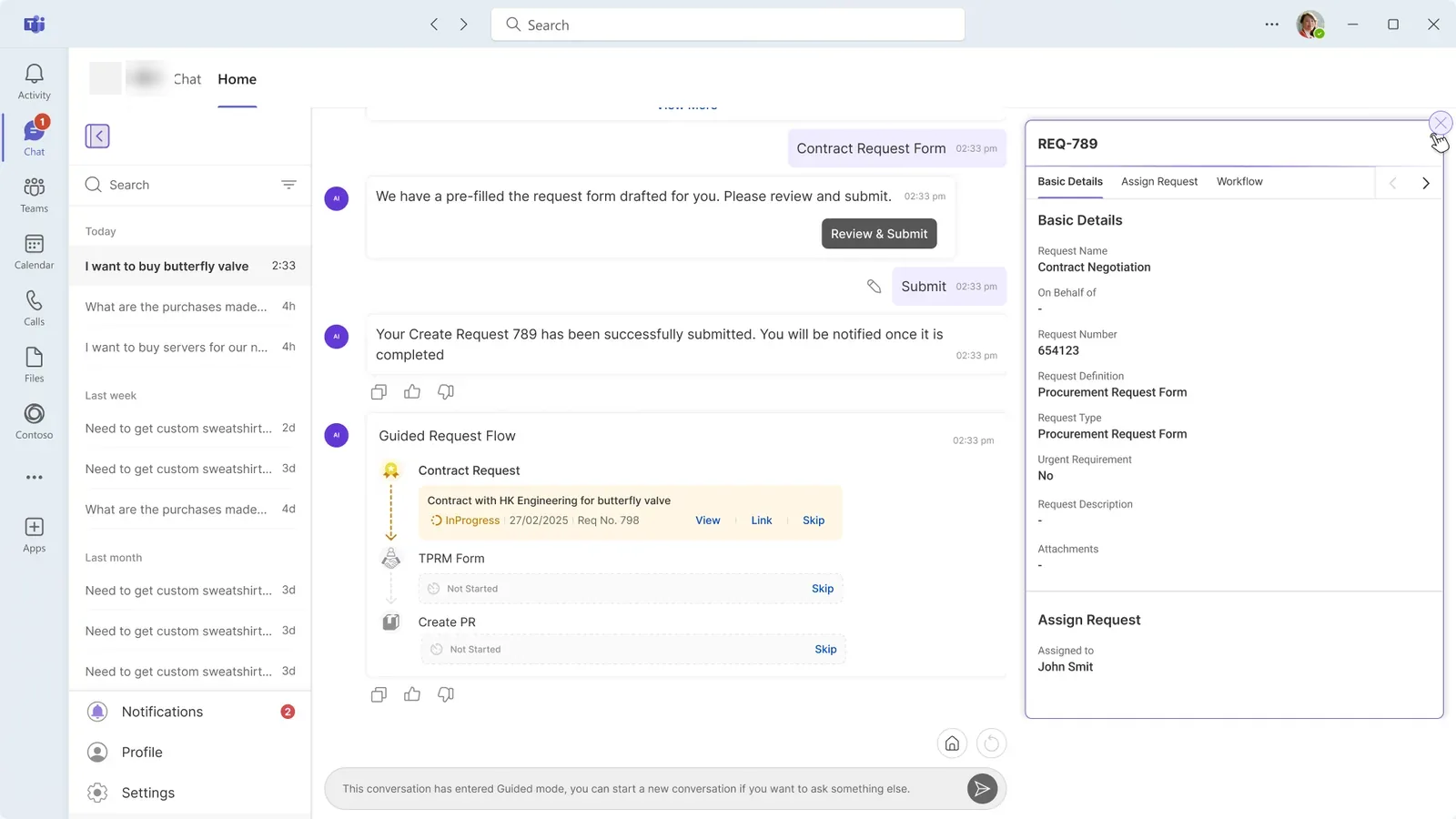 Guided request flow with pre-filled form and structured record panel