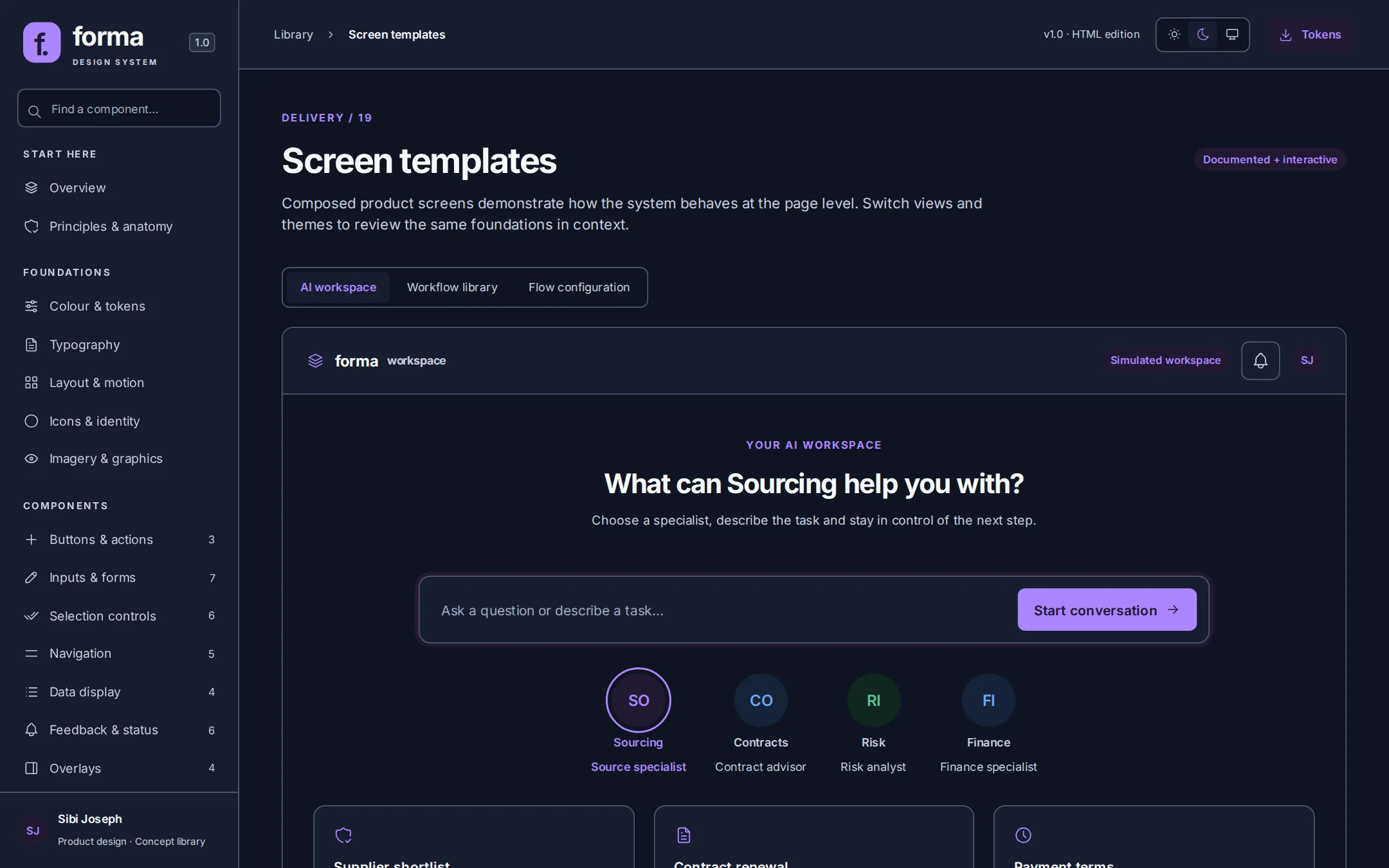 AI workspace screen template in the dark theme
