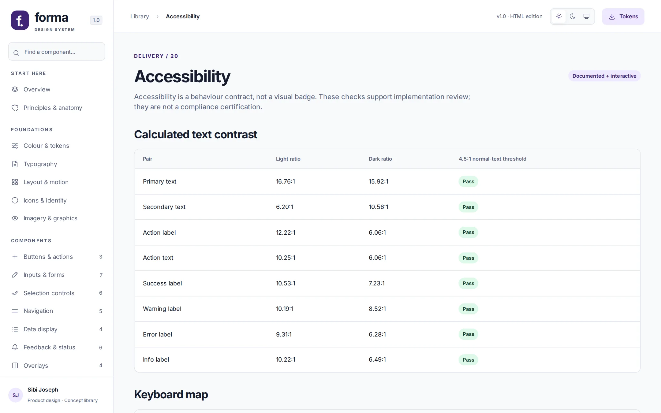 Accessibility page with a calculated text contrast table for light and dark themes