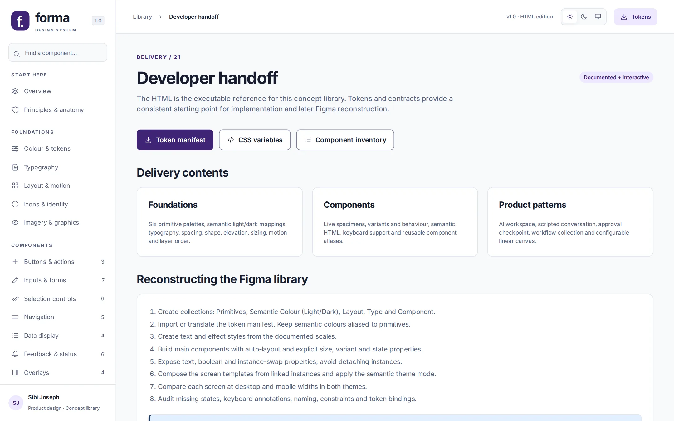 Developer handoff page with token downloads, delivery contents and Figma reconstruction steps