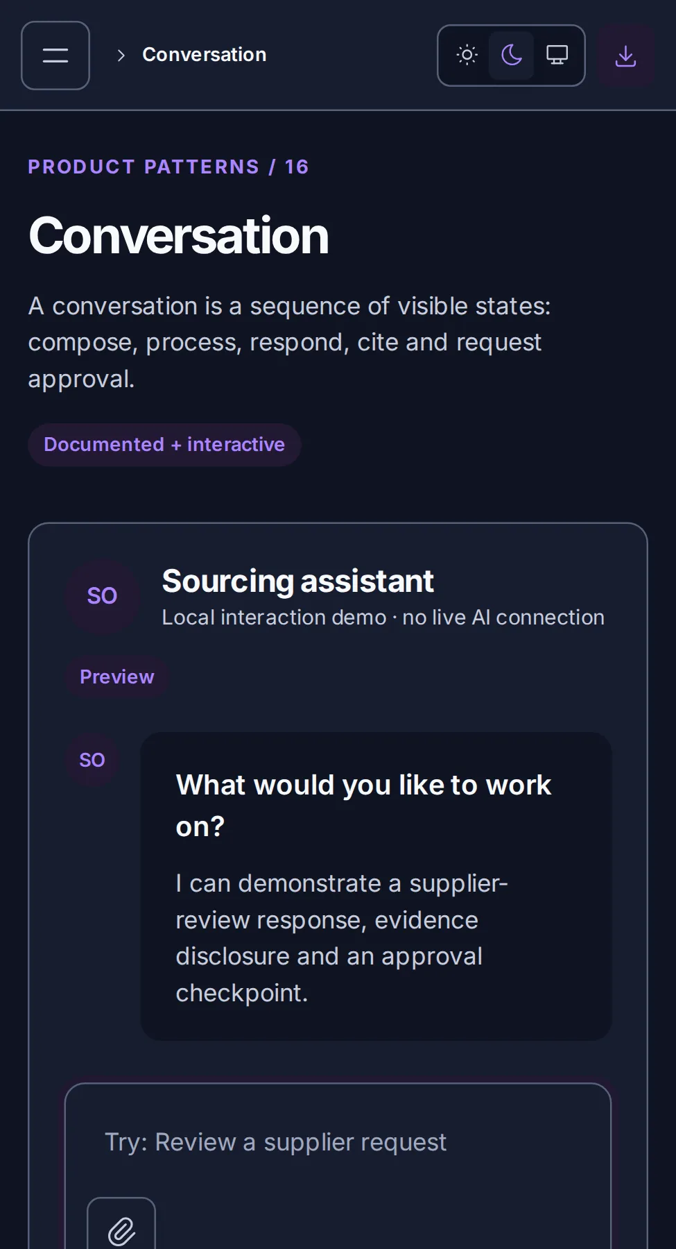 Conversation pattern at mobile width in the dark theme