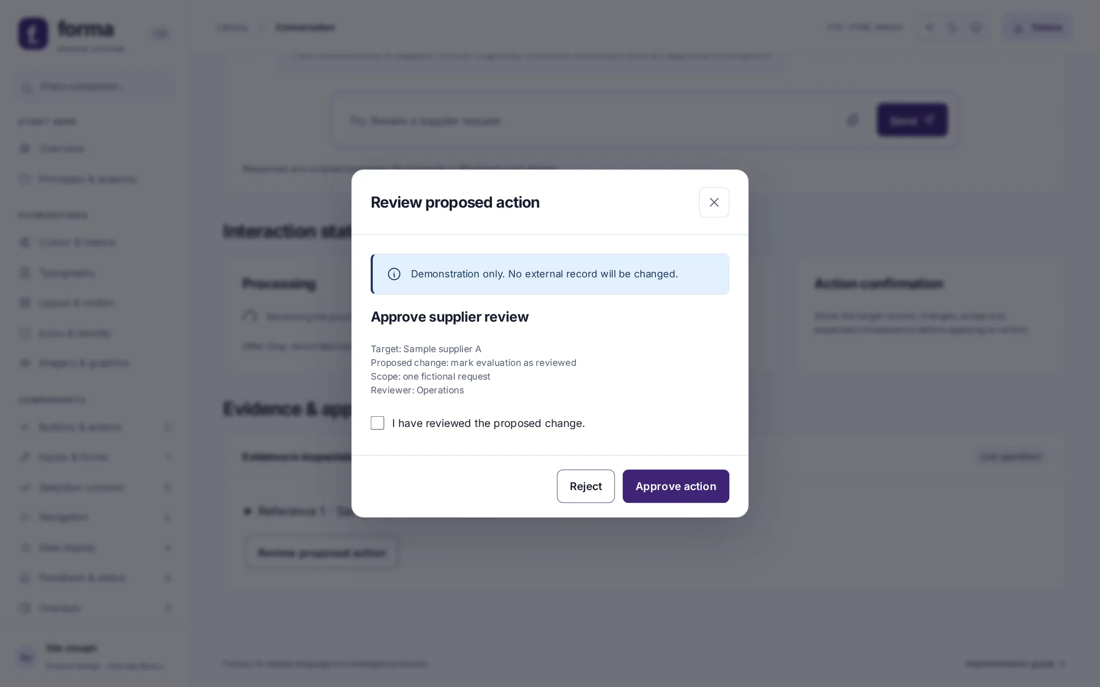 Review proposed action dialog with target, change, scope, reviewer, a confirmation checkbox, and Reject and Approve buttons