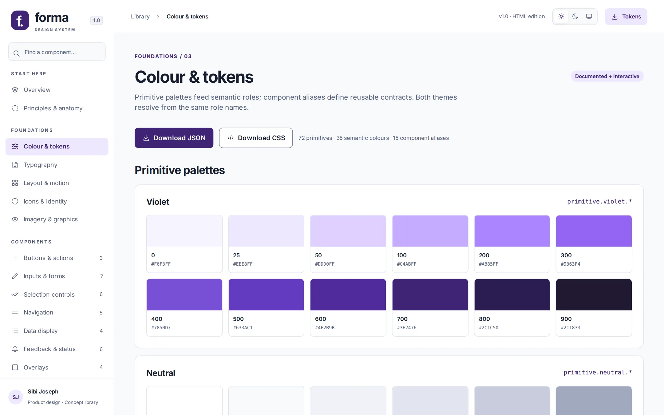 Colour and tokens page showing primitive palettes and token download buttons