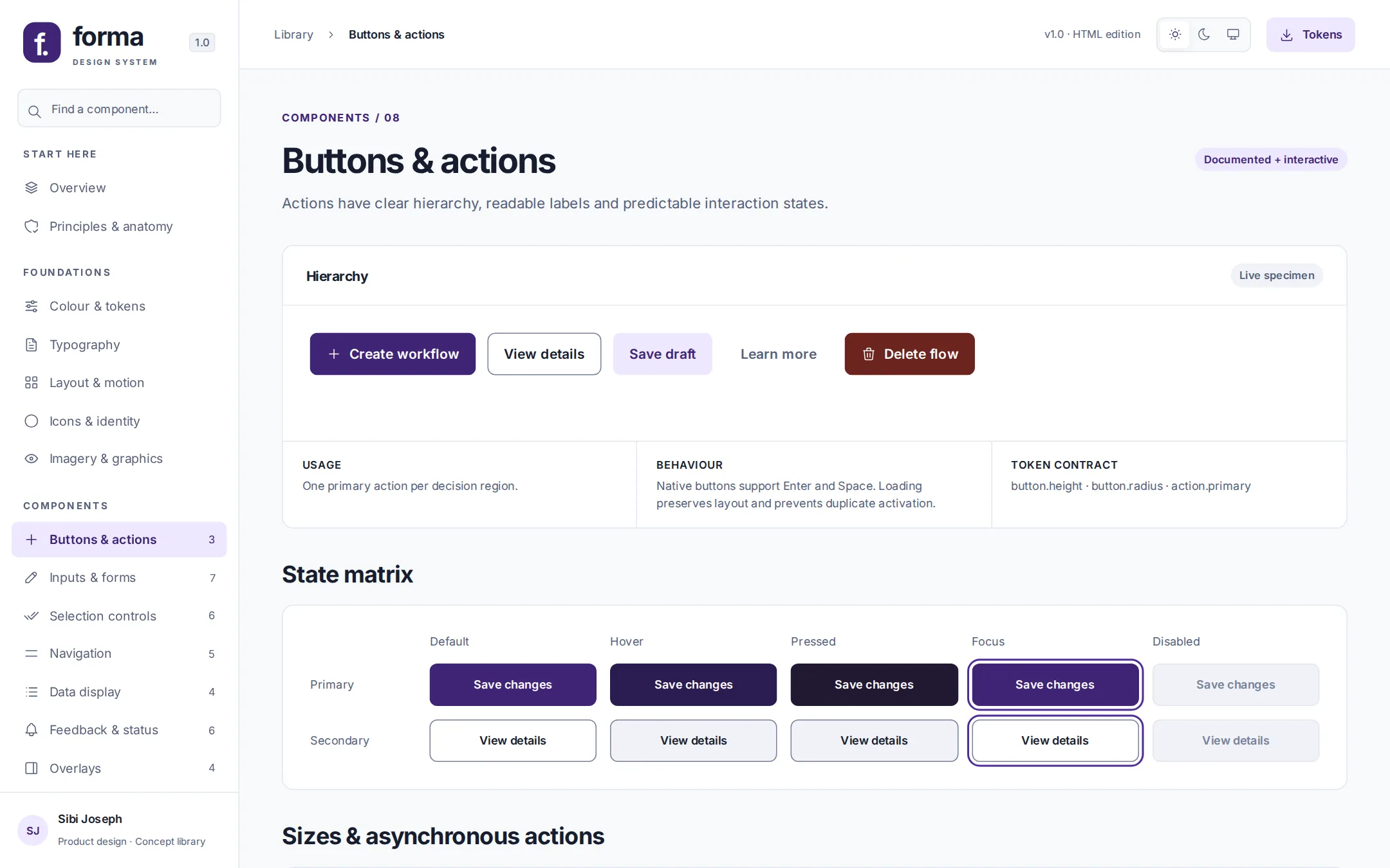 Buttons and actions page with hierarchy and a state matrix for default, hover, pressed, focus and disabled