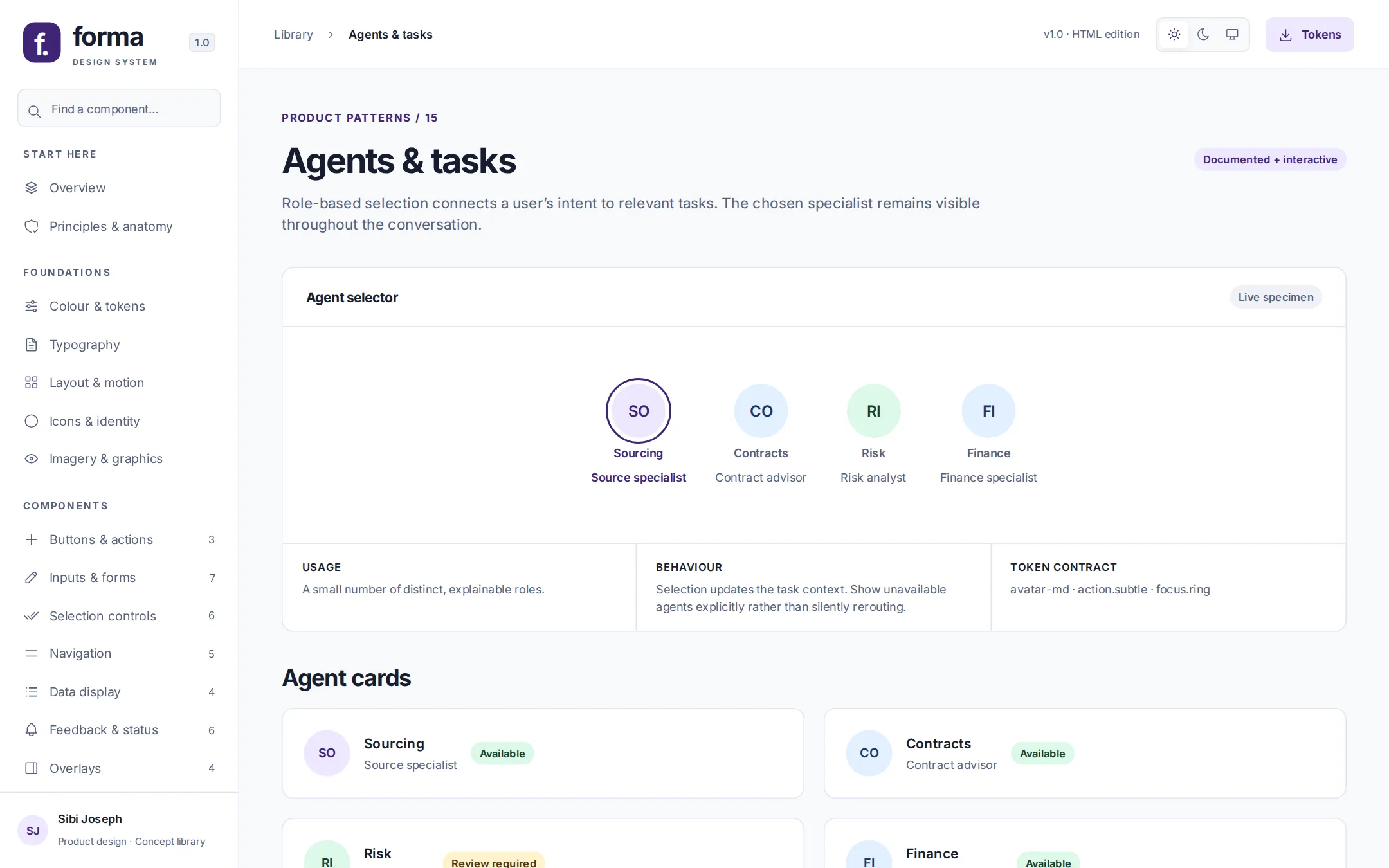 Agents and tasks page showing an agent selector and agent cards with availability states
