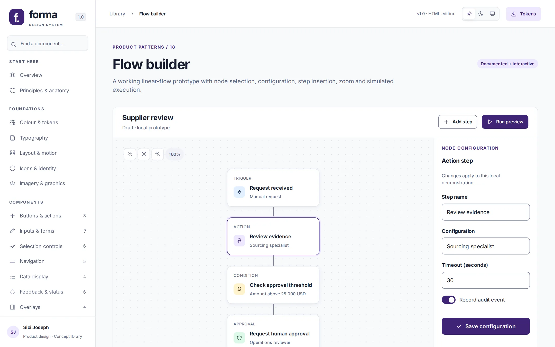Flow builder with a linear flow of trigger, action, condition and approval nodes and a configuration inspector