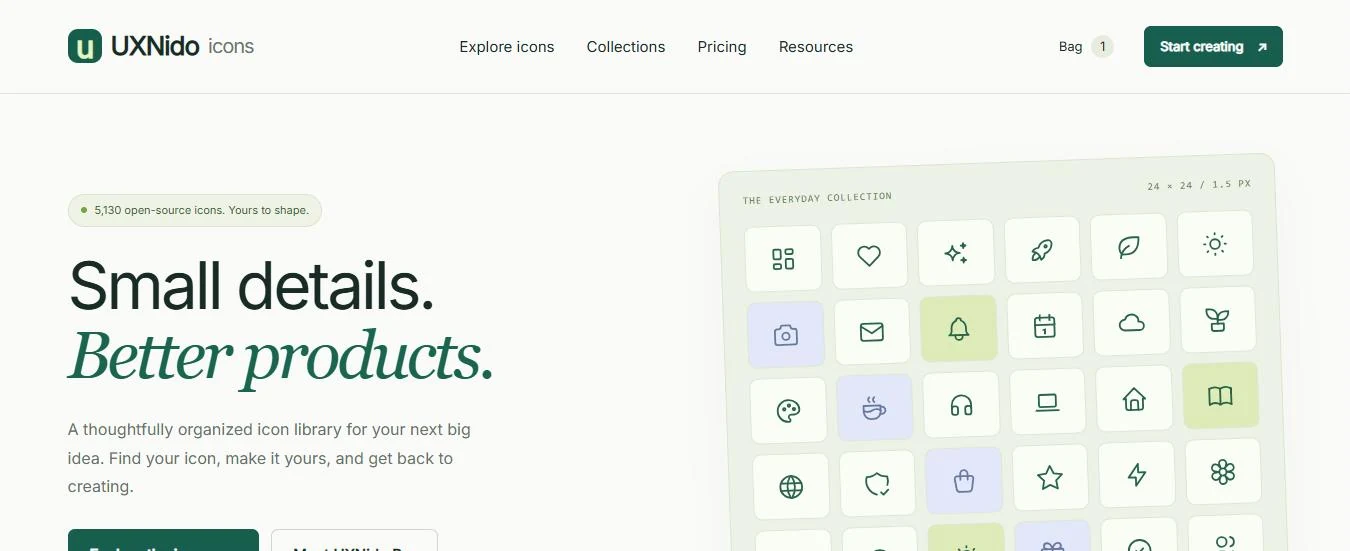 UXNido Icons home page with the headline Small details. Better products. and a tilted grid of icons