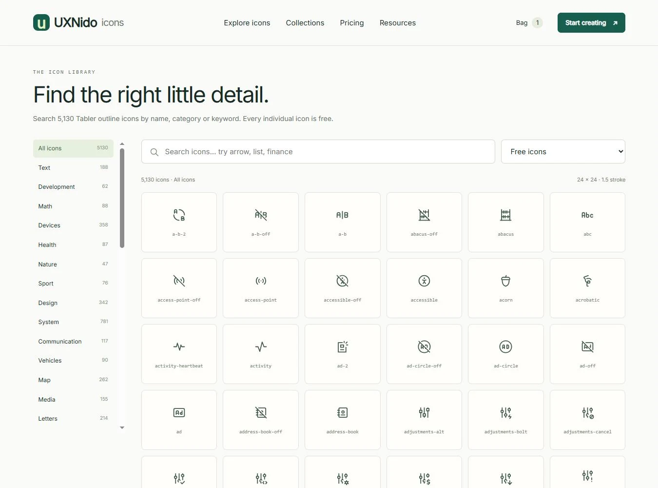 Icon library page with a search field, a category list with counts, and a grid of named icons
