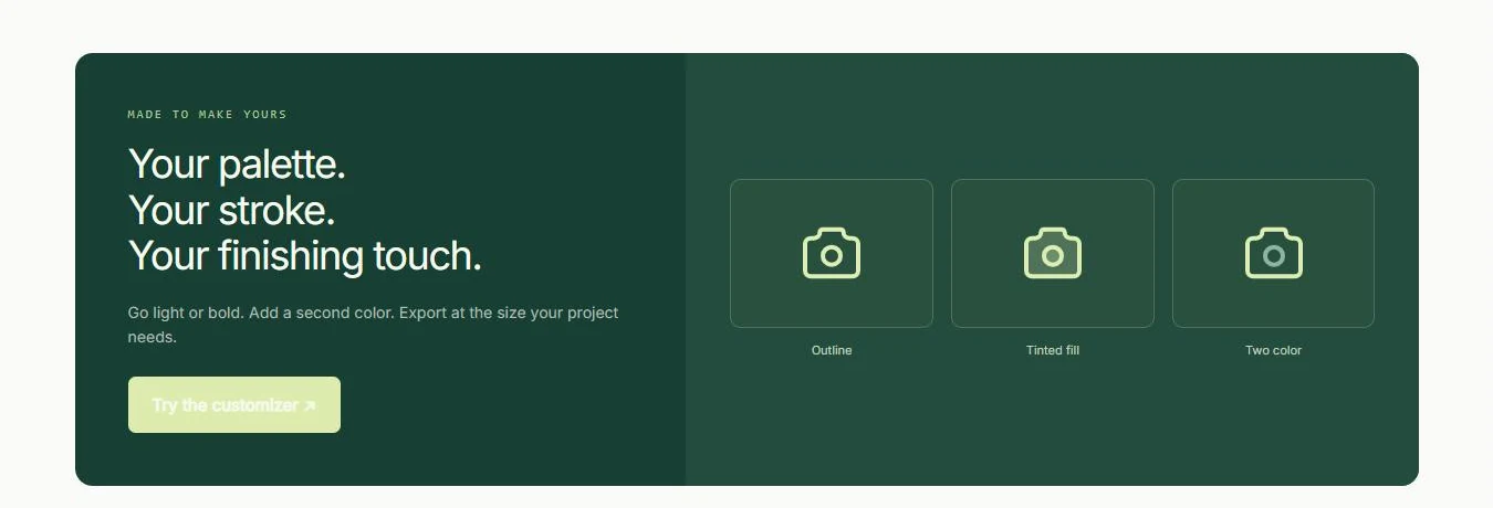 Home page section titled Your palette. Your stroke. Your finishing touch. showing one icon in three treatments