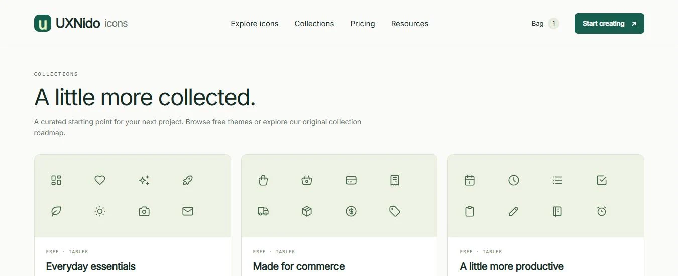 Collections page with themed icon sets labelled Free and Tabler