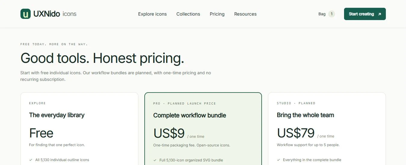 Pricing page with Free, Pro and Studio plans, the paid plans marked as planned