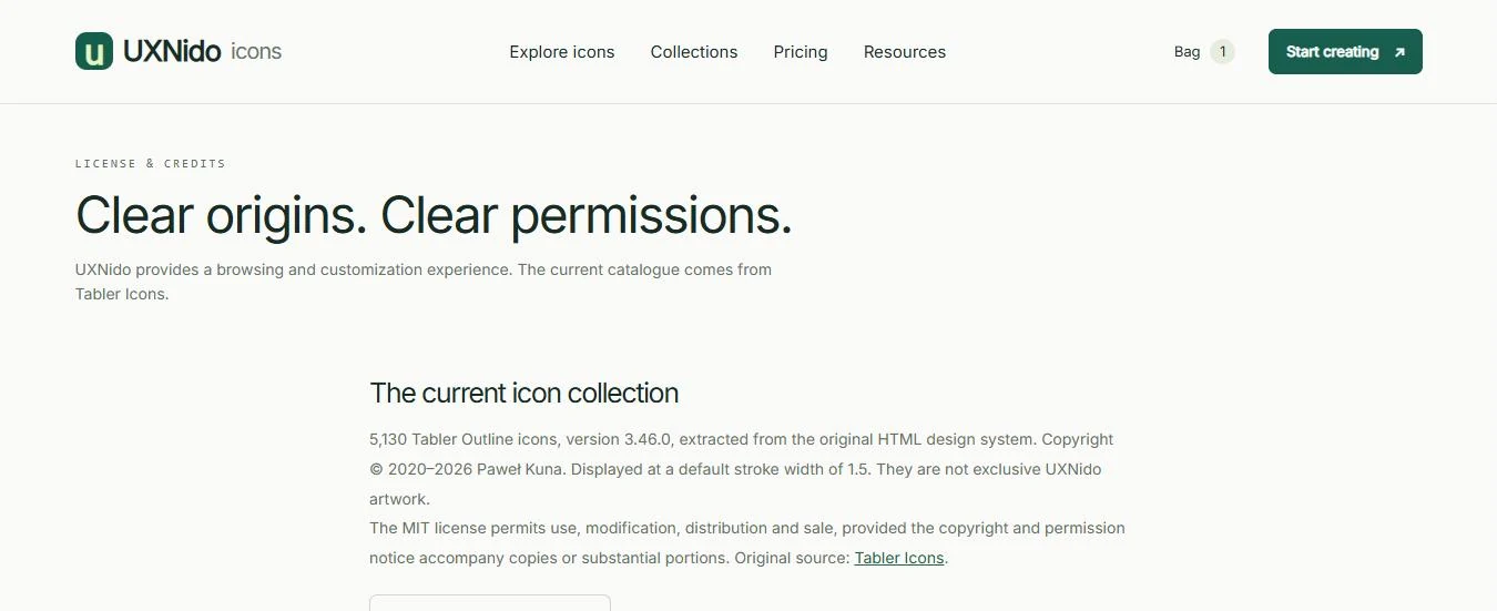 Licence and credits page naming Tabler Icons as the source of the collection