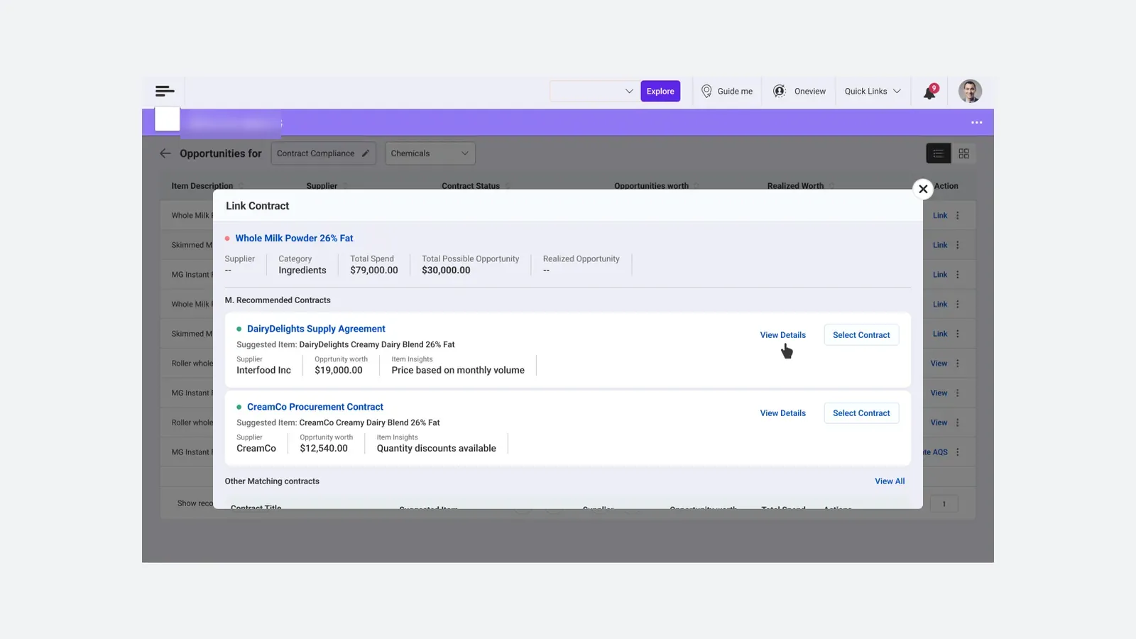 Link Contract modal showing AI-recommended contracts with reasoning