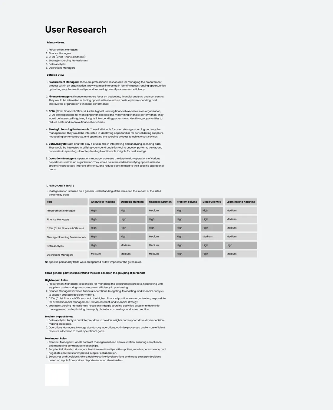 User research document with persona trait matrix