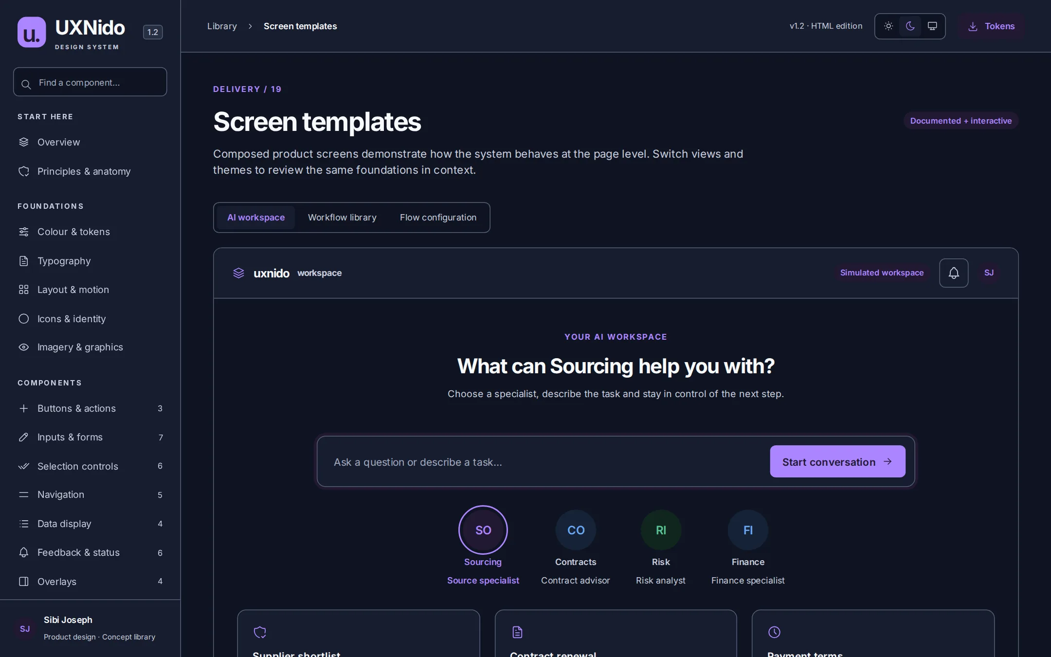 AI workspace screen template in the dark theme