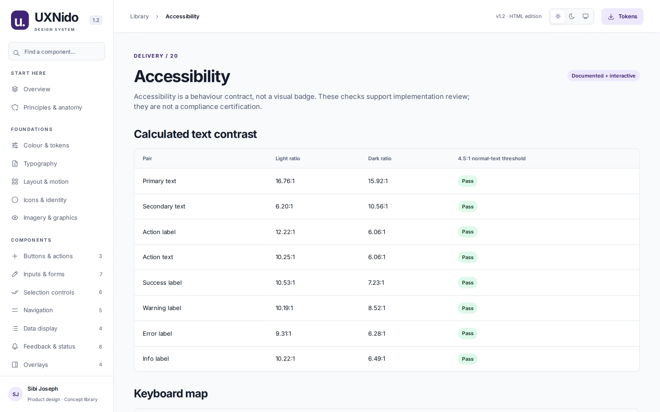 Accessibility page with a calculated text contrast table for light and dark themes