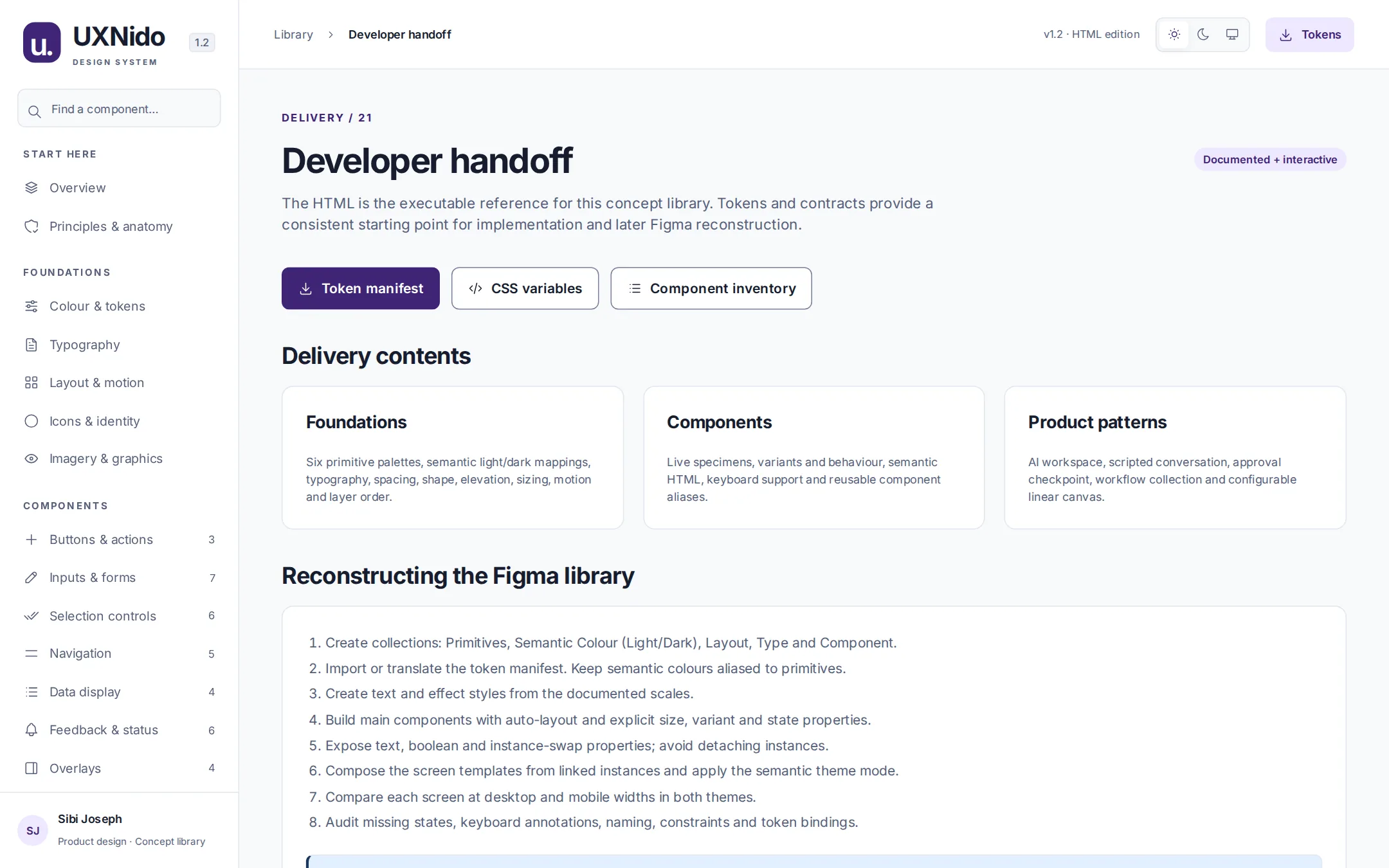Developer handoff page with token downloads, delivery contents and Figma reconstruction steps