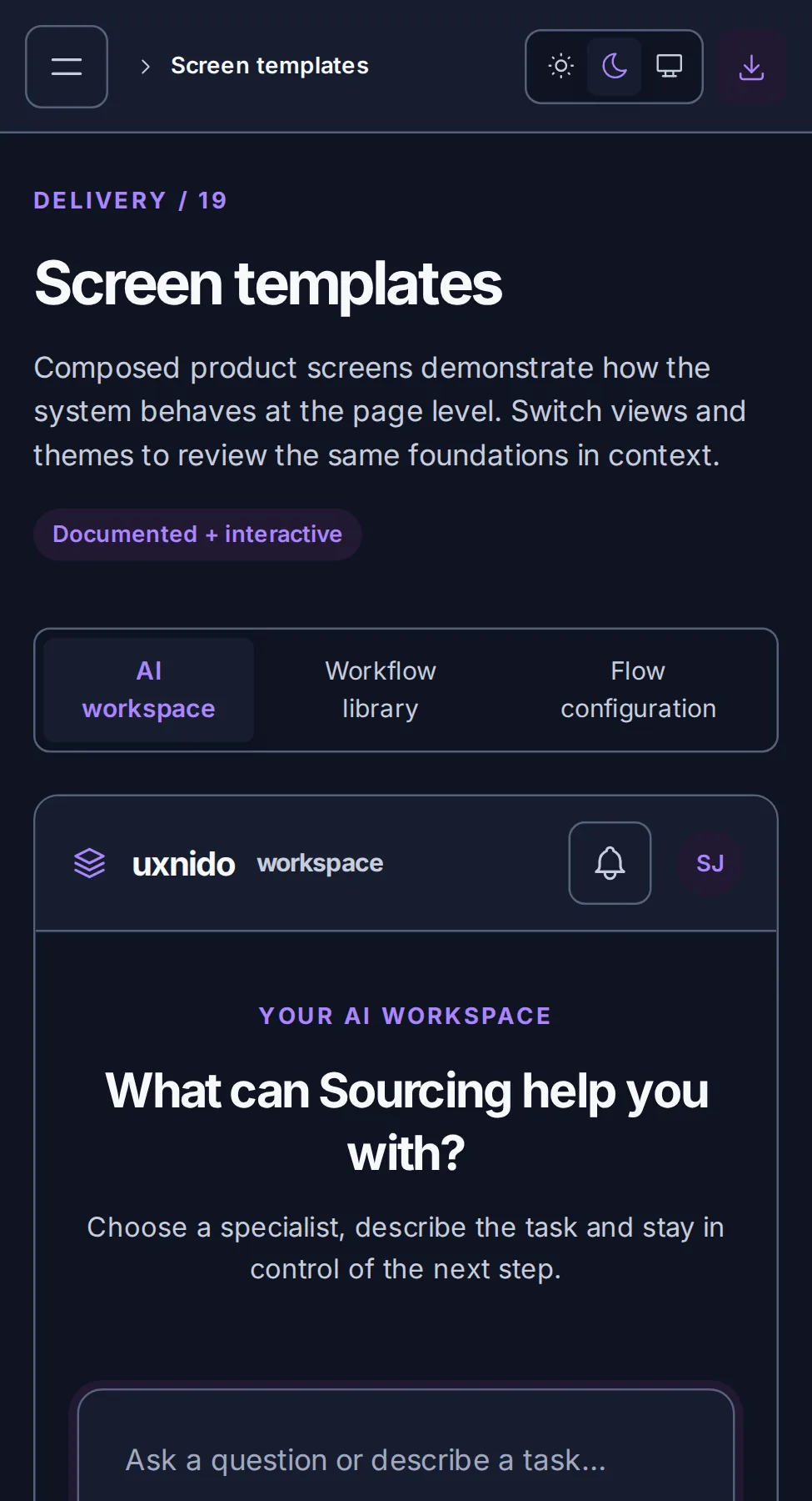 Screen templates page at mobile width in the dark theme