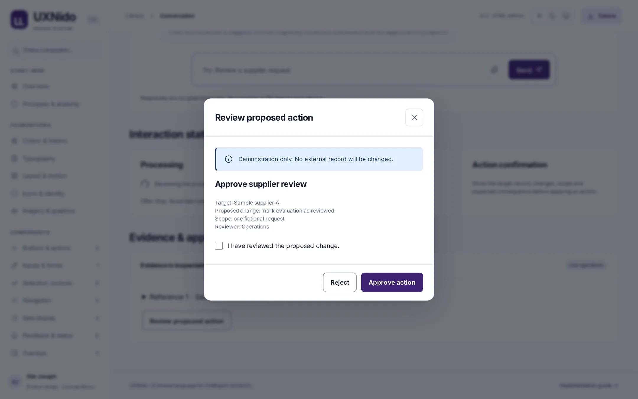 Review proposed action dialog with target, change, scope, reviewer, a confirmation checkbox, and Reject and Approve buttons