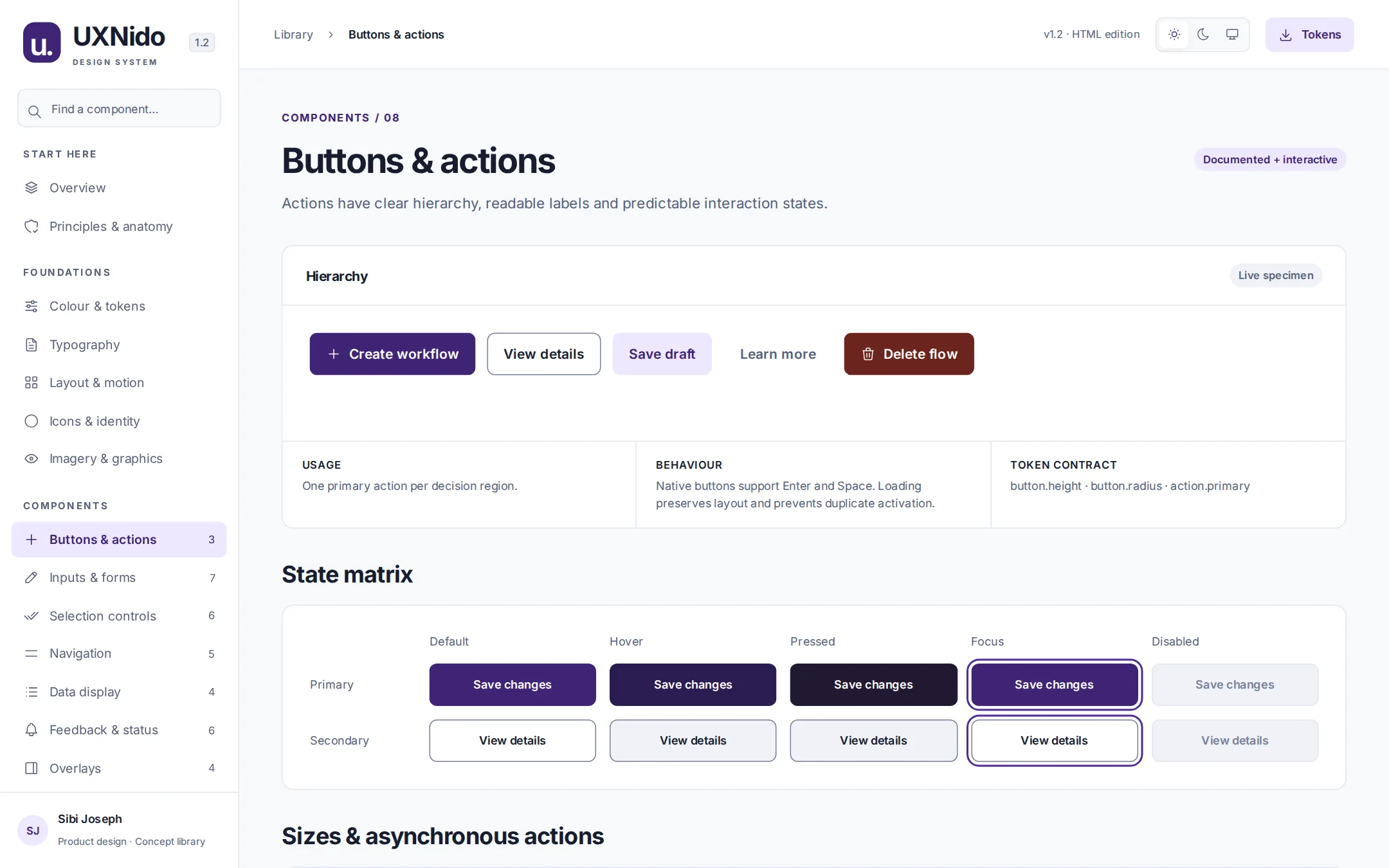 Buttons and actions page with hierarchy and a state matrix for default, hover, pressed, focus and disabled