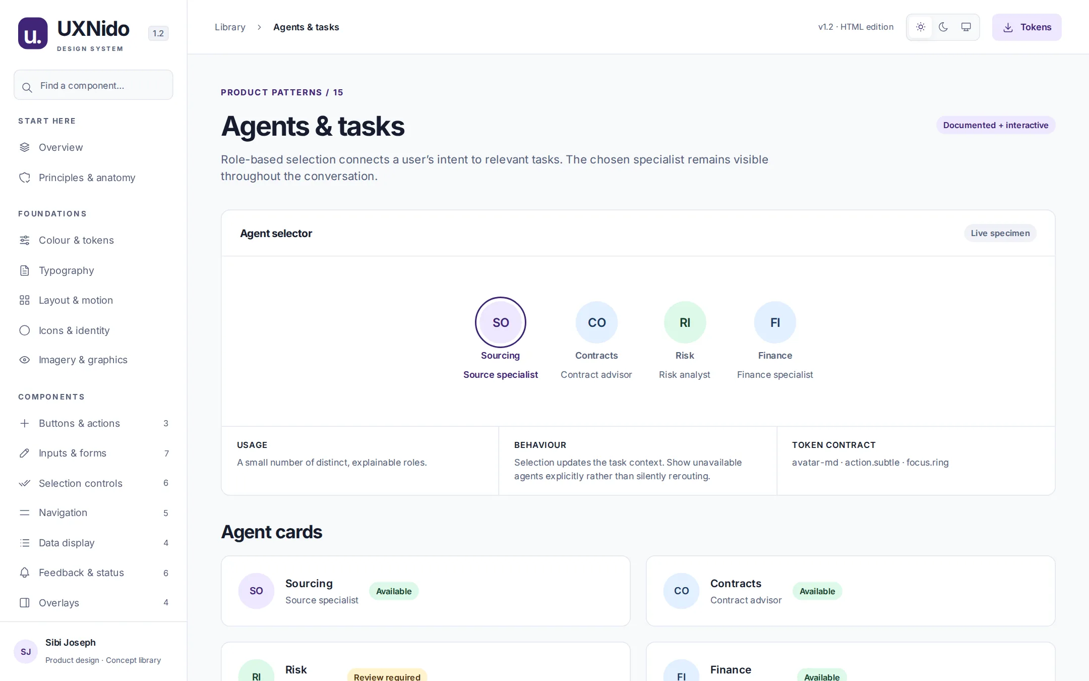 Agents and tasks page showing an agent selector and agent cards with availability states