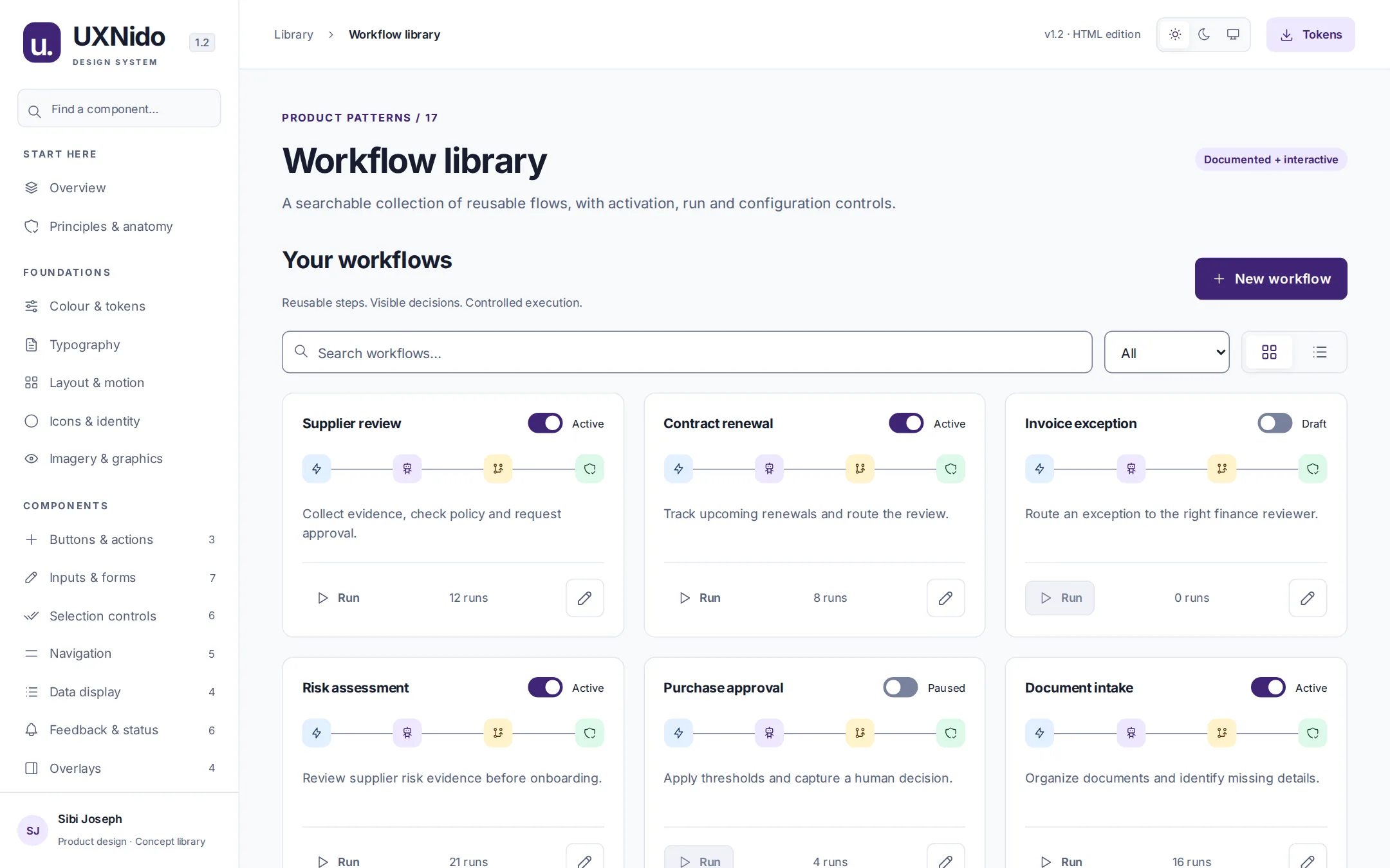 Workflow library with workflow cards showing Active, Paused and Draft states