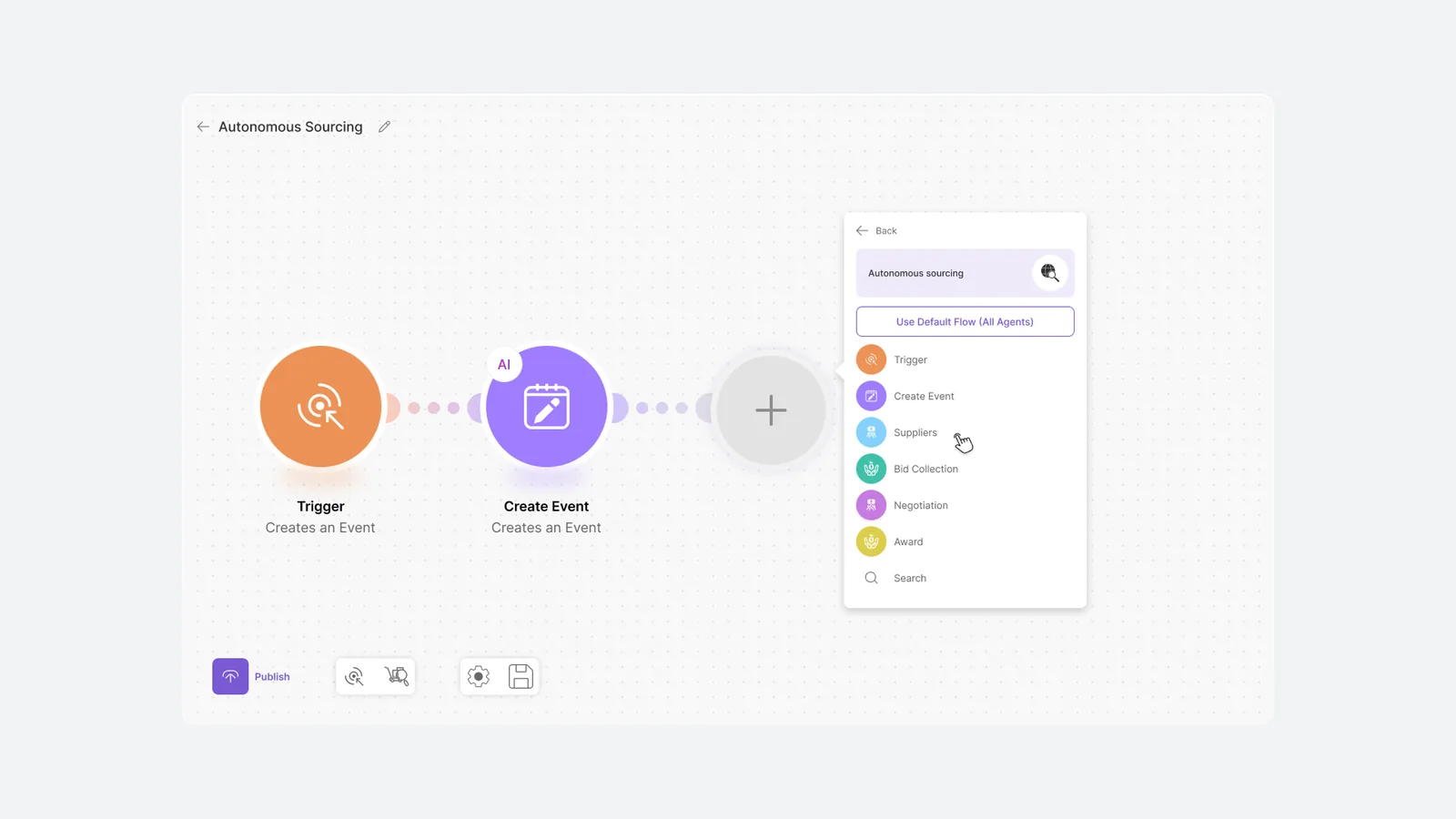 Flow builder canvas with agent picker panel